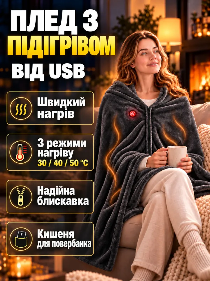 Плед з підігрівом від USB 160×80 см (3 режими, 8 зон нагріву, сірий)