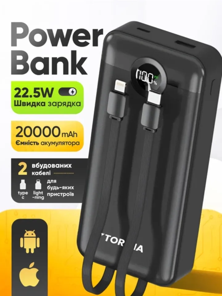 Повербанк 20000 mAh з швидкою зарядкою 22.5W та вбудованими кабелями