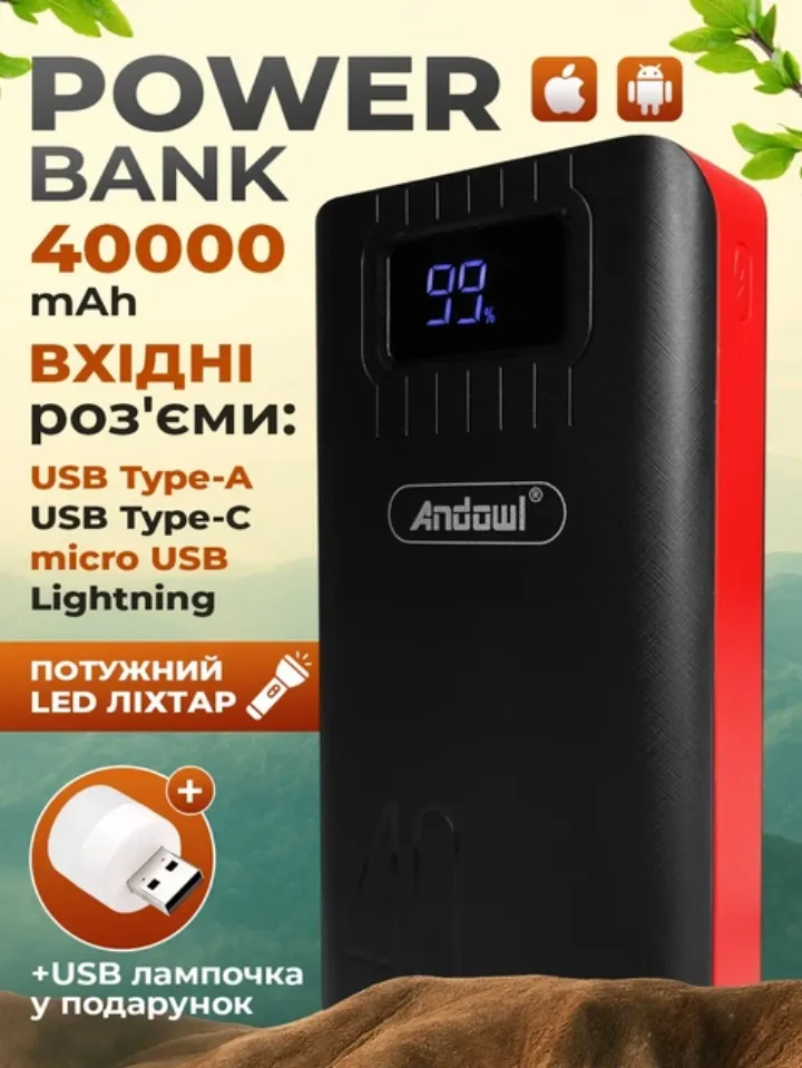 Повербанк Andowl 40000 mAh з ліхтариком та дисплеєм